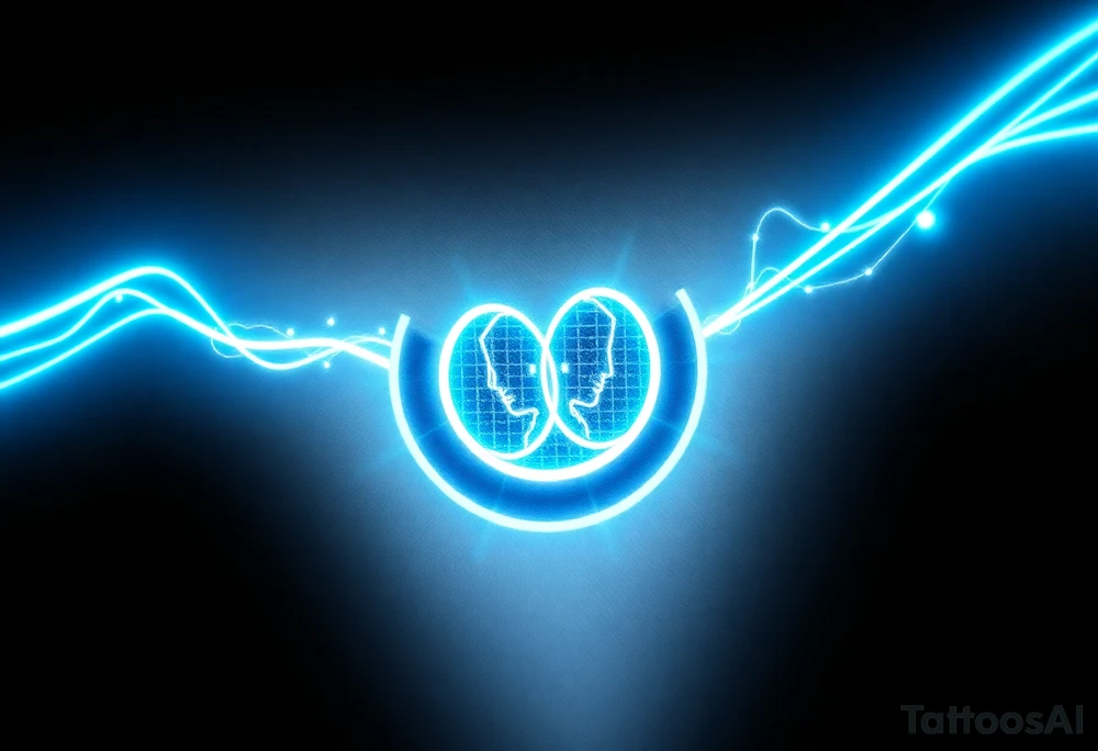 Tron-inspired tattoo design symbolizing legacy, father and son connection, and continuation of unfinished dreams. A glowing light line begins faint and fragmented, representing the father’s passing, then transitions into a strong radiant blue-white Tron energy line symbolizing the son carrying on the legacy. Two overlapping Tron identity discs connect in the center, showing the torch being passed. In the background, a subtle, ethereal silhouette of the father’s face watching proudly, made of digital light particles, fading into the grid. Include small roman numerals “VI·IV·MMXXIII” hidden within the light lines. Futuristic, emotional, clean composition, fine-line realism mixed with neon light energy, cinematic sci-fi atmosphere, forearm tattoo layout, soft glow effect, high detail, black and blue tones. tattoo idea