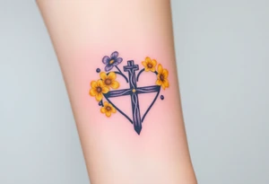 Yellow daisy Purple Hearts around a cross tattoo idea