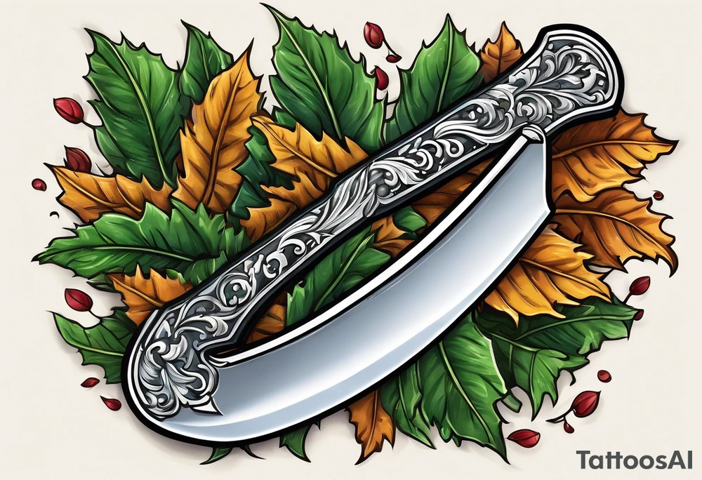 a straight razor lies in oak leaves. tattoo idea