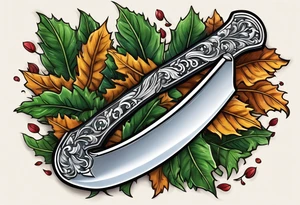 a straight razor lies in oak leaves. tattoo idea