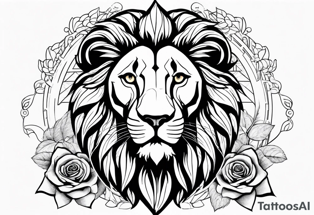 powerful lion with time clock and rose tattoo idea