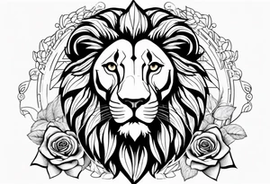 powerful lion with time clock and rose tattoo idea