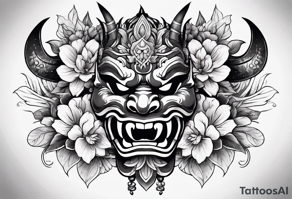 oni mask with flower petals around it tattoo idea