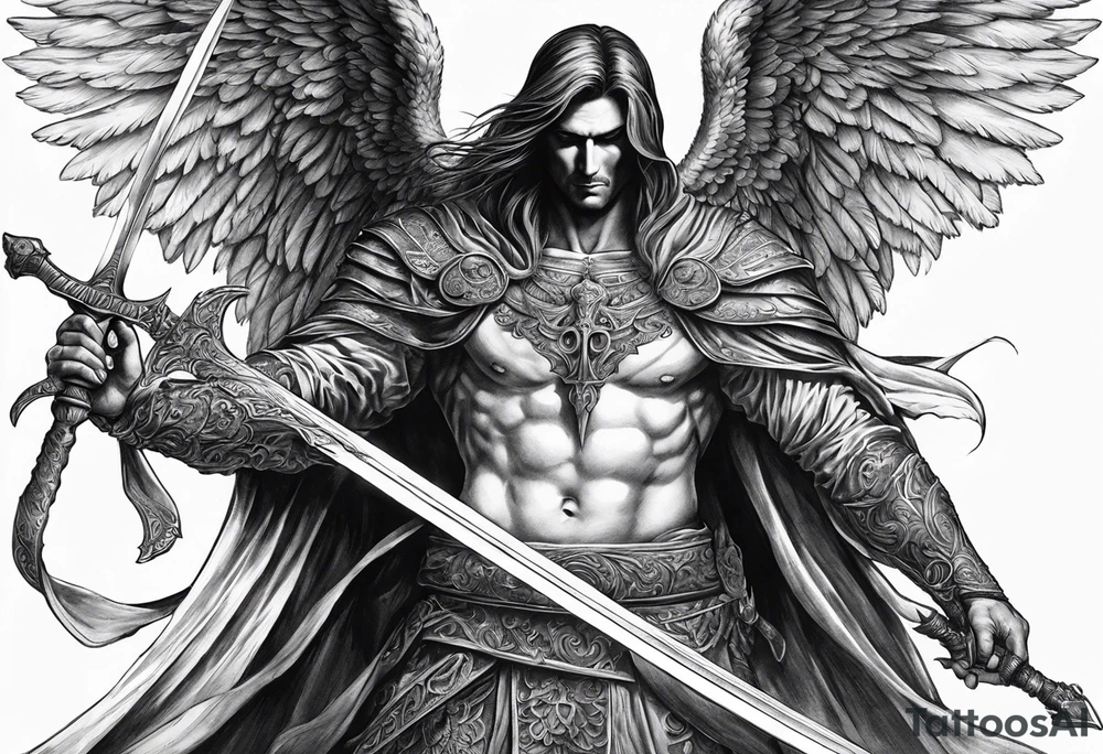 realistic angel of death, man, full body, no face visible, holding one sword, sword pointing downwards, both hands are holding the sword tattoo idea