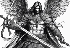 realistic angel of death, man, full body, no face visible, holding one sword, sword pointing downwards, both hands are holding the sword tattoo idea