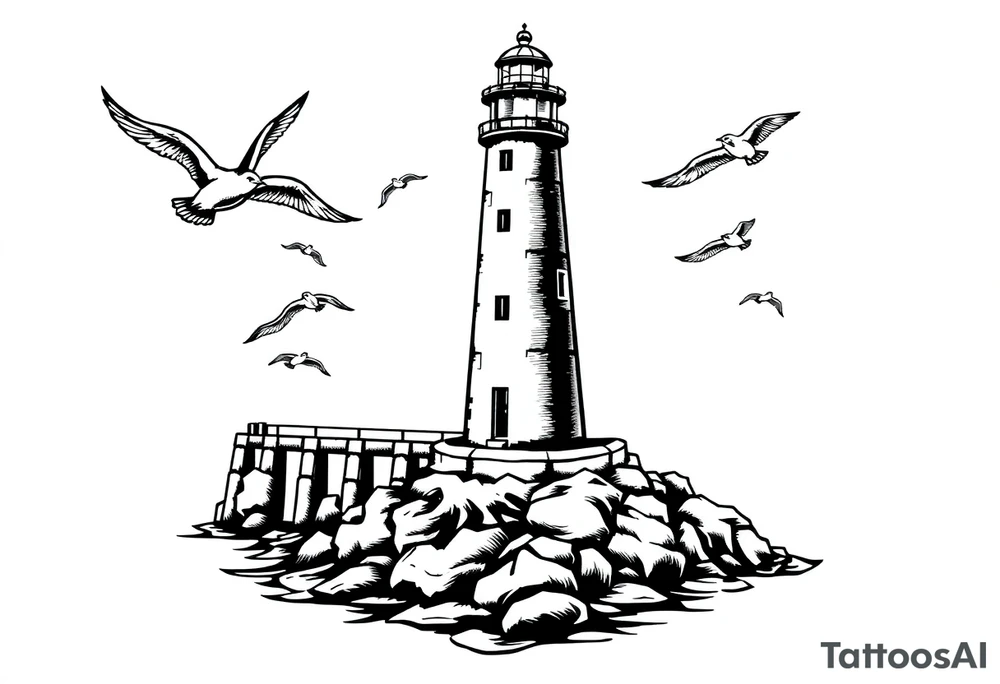 Lighthouse in the sea with jetty around flying seagulls tattoo idea