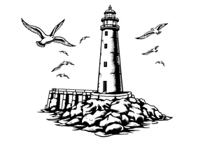 Lighthouse in the sea with jetty around flying seagulls tattoo idea
