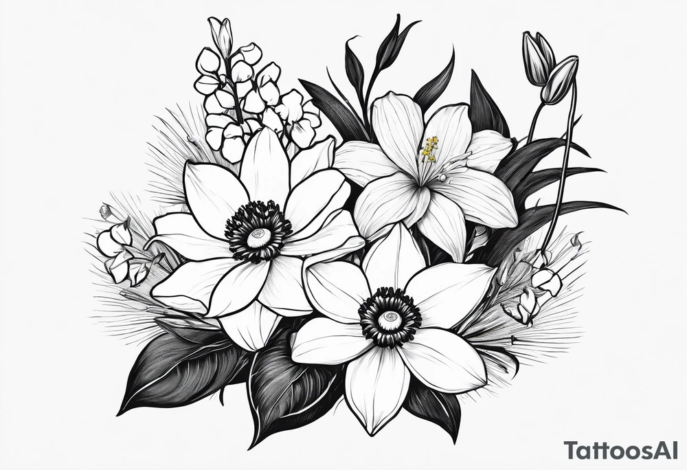 A mid sized line work bouquet of flowers with a water lily, gladiolus, poppy, lily of the valley, daffodil, and a honey suckle. With long stems and tied with a bow tattoo idea