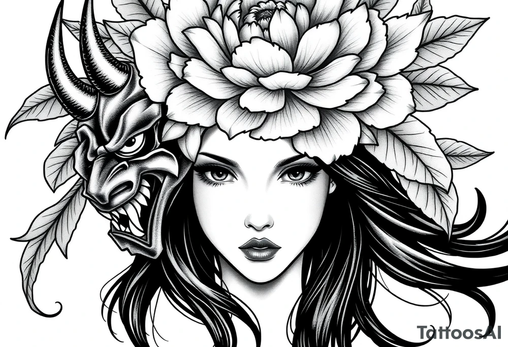black-and-grey tattoo-style design that blends multiple symbolic elements into one cohesive piece.
At the center is a woman’s face, rendered with delicate shading and lifelike detail. Her expression is calm and contemplative, her eyes soft yet intense, drawing the viewer’s focus. Flowing black hair frames her face and cascades downward, contrasting against the lighter tones around her.
On the left side of her face, her features transition seamlessly into a Japanese Oni mask. The mask is fierce and dramatic, with sharp angles, a snarling mouth, and an intimidating eye, embodying power, danger, and hidden darkness. This creates a dramatic duality — half beauty, half demon — representing the contrast between inner peace and inner struggle, or perhaps the balance of light and dark within a person.
Above the head, there is a large, blooming peony flower surrounded by bold, layered leaves. The peony, a traditional motif in Japanese tattoo art, symbolizes beauty, honor, wealth, and resilience. Its detailed petals soften the intensity of the Oni mask and add elegance to the design.
Wrapping around the composition is a thick rope, a common feature in Japanese art that often signifies binding, strength, or fate. It weaves through the mask, flowers, and around the woman, visually tying the elements together.
At the bottom, more floral details balance the composition, with another blooming flower integrated beneath the mask and woman’s chin, completing the design with harmony and flow. tattoo idea
