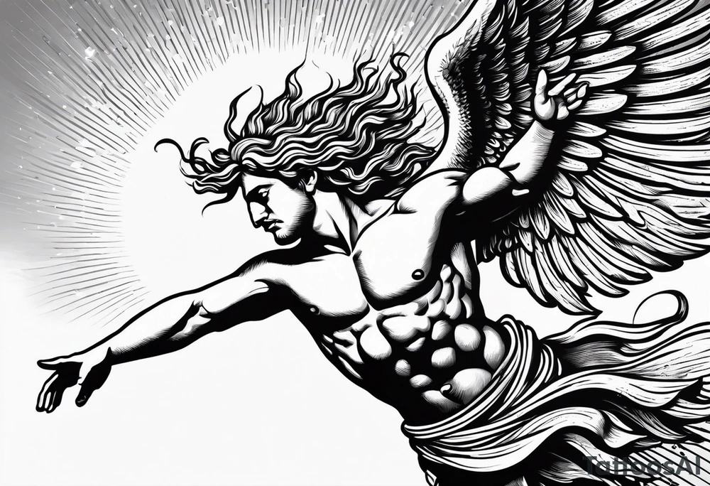 icarus greek god flying into the sun and falling down into a rainbow tattoo idea