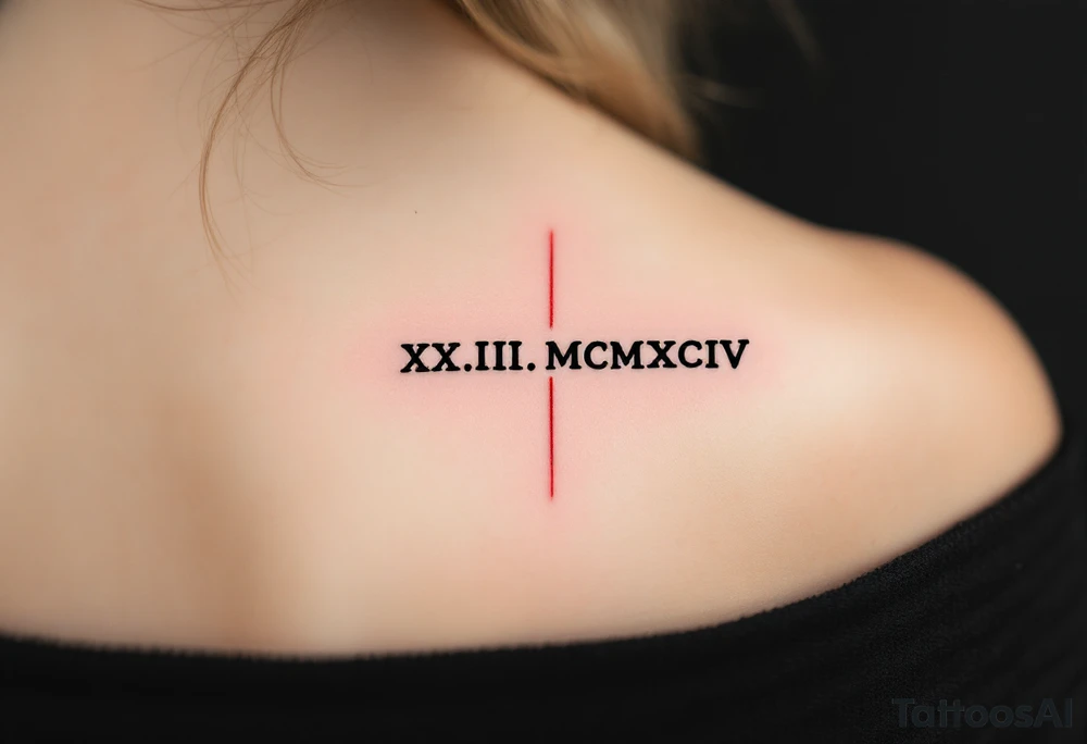 XX.III.MCMXCIV along the spine in bold black Roman font, split by a thin vertical red line for symmetry. tattoo idea