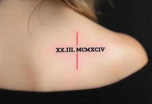 XX.III.MCMXCIV along the spine in bold black Roman font, split by a thin vertical red line for symmetry. tattoo idea