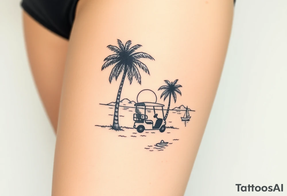 small, palm trees, beach vibe, golf cart, sun, water, boat, relaxing tattoo idea