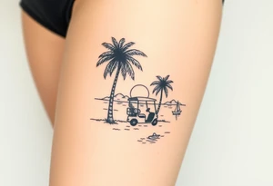 small, palm trees, beach vibe, golf cart, sun, water, boat, relaxing tattoo idea