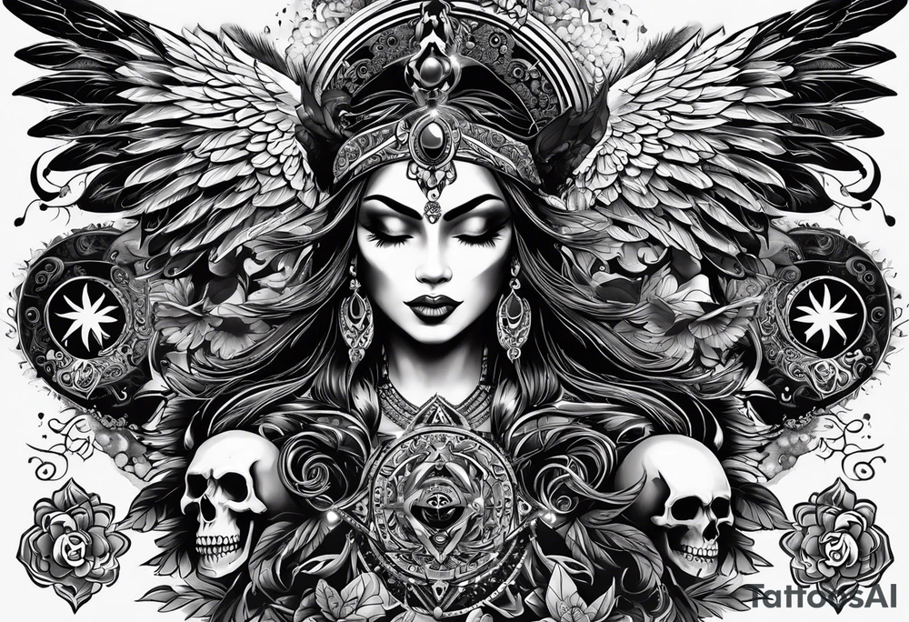 black kali, goddess pirate, alien, angel, pachamama, valkrye, warrior, flying, skull, lotus azul, wing, eagle, zenza resonance, stars, 5D, anahata chakra, death tattoo idea