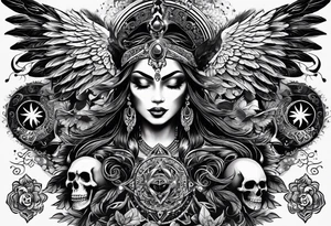 black kali, goddess pirate, alien, angel, pachamama, valkrye, warrior, flying, skull, lotus azul, wing, eagle, zenza resonance, stars, 5D, anahata chakra, death tattoo idea
