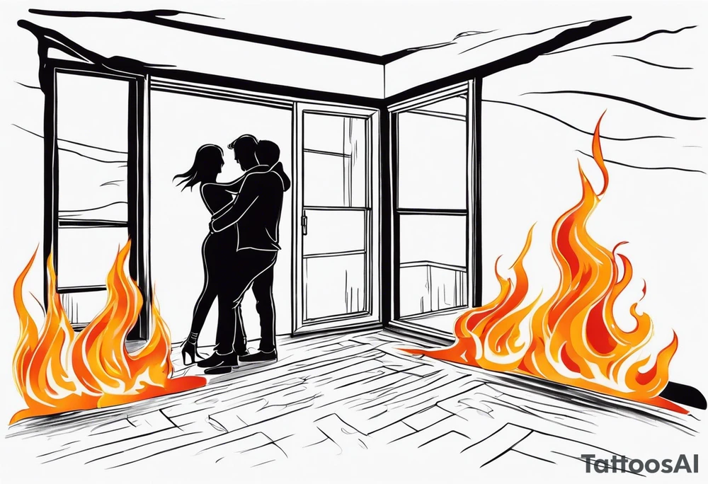 two people slow dancing in a burning room but the outside of the house is burning and you can only see them through a small window tattoo idea