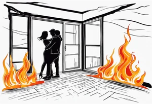 two people slow dancing in a burning room but the outside of the house is burning and you can only see them through a small window tattoo idea