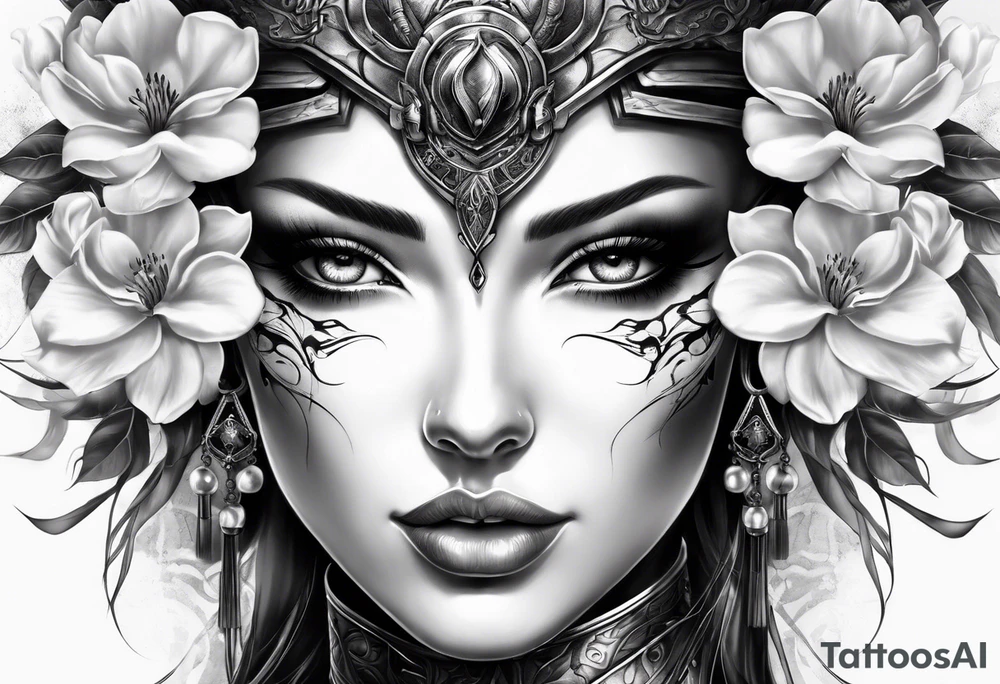female warrior face with magnolias tattoo idea