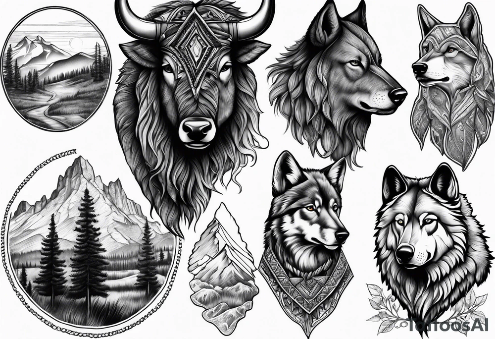 Montana mountains cowboy bison wolf leg sleeve tattoo idea