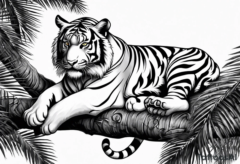 tiger laying on palm tree tattoo idea