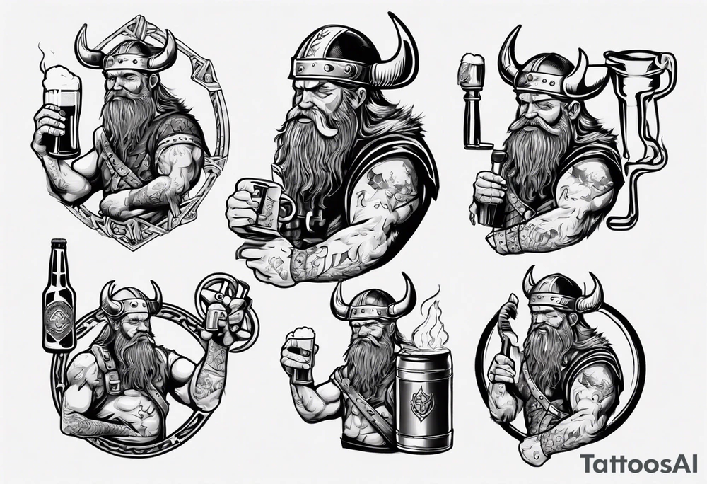A Viking drinking a beer and holding a wrench tattoo idea A Viking drinking a beer and holding a wrench tattoo idea