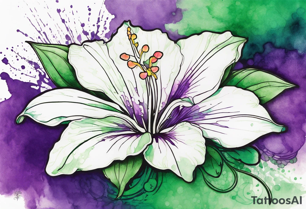 An outline of an only green rio dipladenia flower and a green and purple watercolor splash in the background tattoo idea
