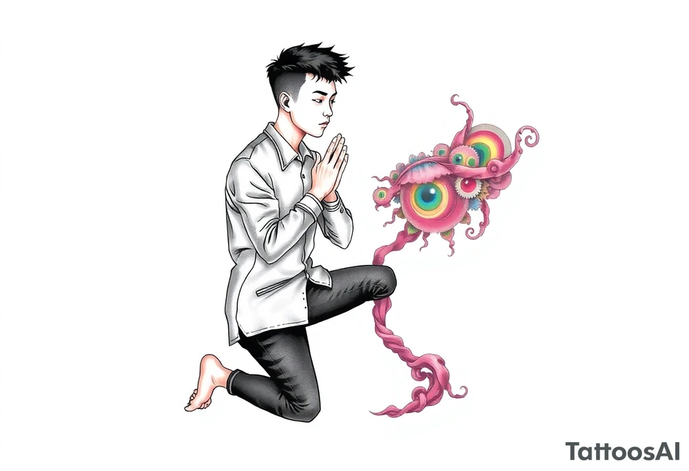 Handsome Asian young guy is standing on his knees apologising tattoo idea