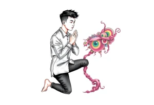 Handsome Asian young guy is standing on his knees apologising tattoo idea