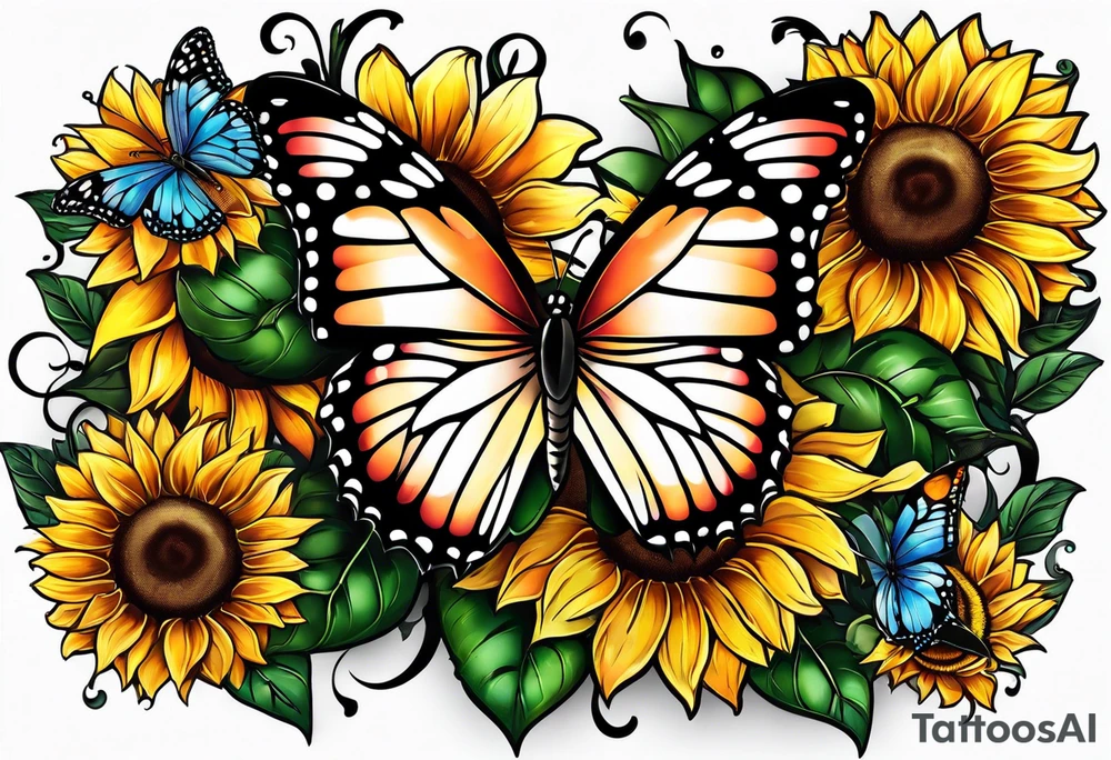 Sleeve with butterflies and sunflowers tattoo idea