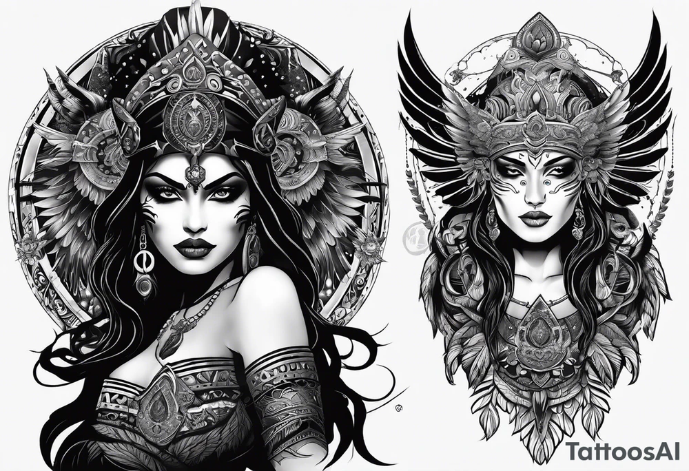 black kali, goddess pirate, alien, pachamama, valkrye, warrior, skull, lotus azul, wing, eagle, zenza resonance, stars, one side chest tattoo idea