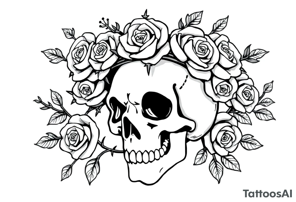 ornate skull adorned with crown of wild roses and thorns tattoo idea