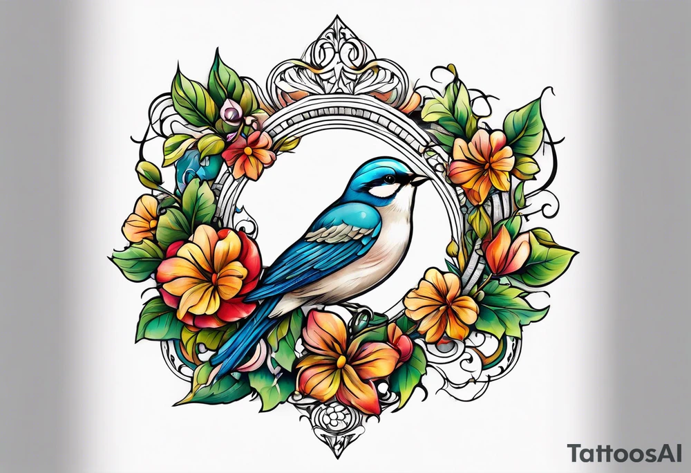 Whimsical birds and vines and leaves tattoo idea