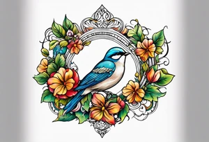 Whimsical birds and vines and leaves tattoo idea