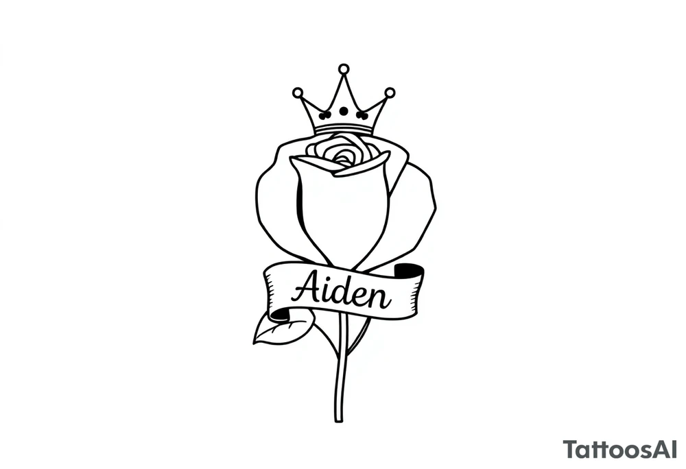 Rose with a small kings crown above it a ribbon around the front of the rose with the name Aiden inside it tattoo idea