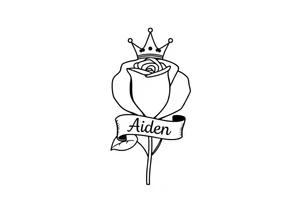 Rose with a small kings crown above it a ribbon around the front of the rose with the name Aiden inside it tattoo idea