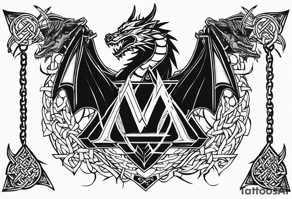 Valhalla sword shield dragon axe Valknut barbed wire chains tattoo idea Valhalla sword shield dragon axe Valknut barbed wire chains tattoo idea