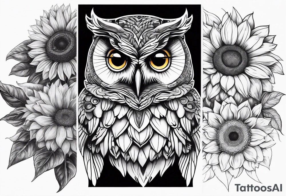 Arm sleeve with owl and sunflowers tattoo idea