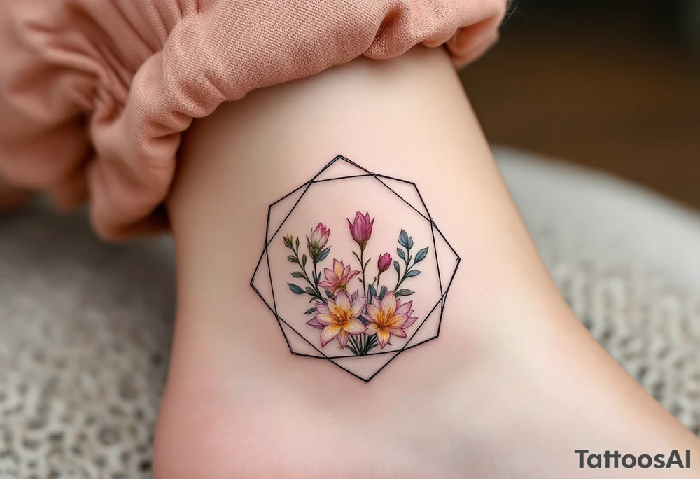 Faint Hexagon with Leo, larkspur and water lilies in the center tattoo idea