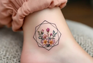 Faint Hexagon with Leo, larkspur and water lilies in the center tattoo idea