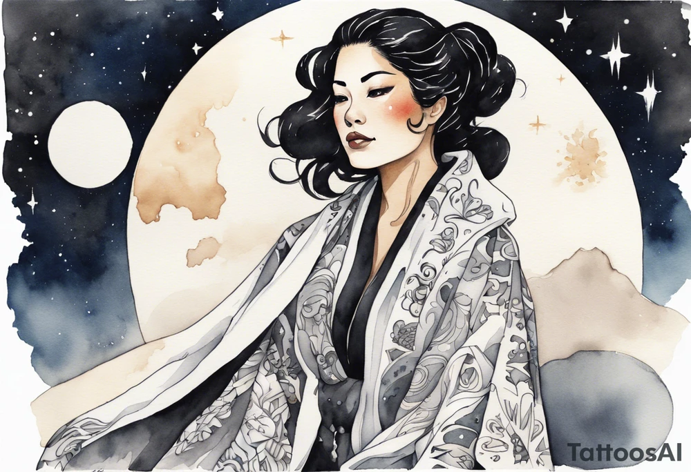 a watercolor of a beautiful 40-year-old latina woman wearing black and white cloak with the night sky in the background tattoo idea