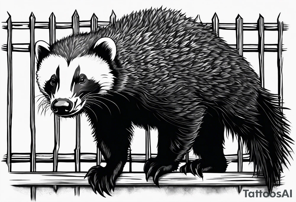honey badger climbing-over, claws near face, behind, on its back legs, looking over fence tattoo idea