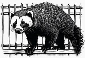honey badger climbing-over, claws near face, behind, on its back legs, looking over fence tattoo idea