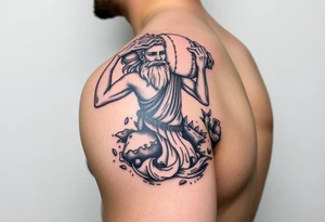 A large humanized god carrying a jar on his shoulder, from which it flows out of the water to create a marine environment tattoo idea