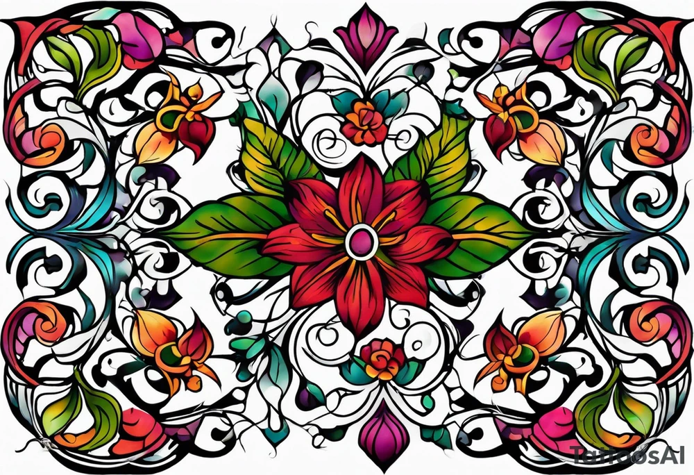 Bold geometric tapestry trident vines floral in colour on arm tattoo idea