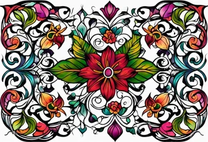 Bold geometric tapestry trident vines floral in colour on arm tattoo idea