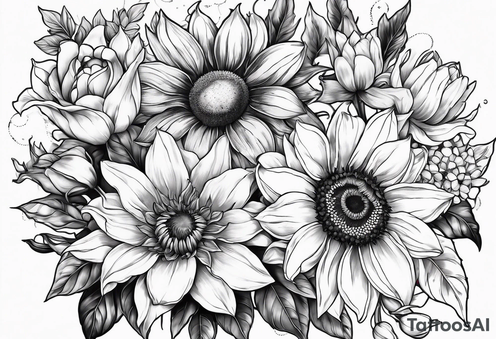 One each sunflower, lily, peony, cherry blossom and tulip tattoo idea