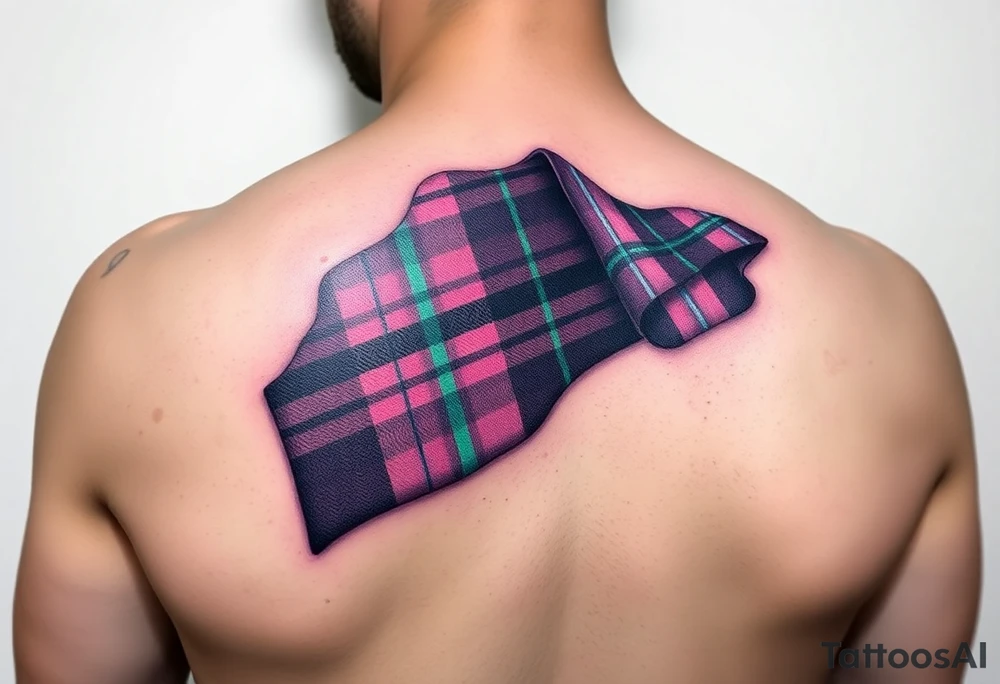 Dark Purple with green pink blue and white highlights tartan fabric with skin around edges peeling and wrapping around side of shoulder tattoo idea