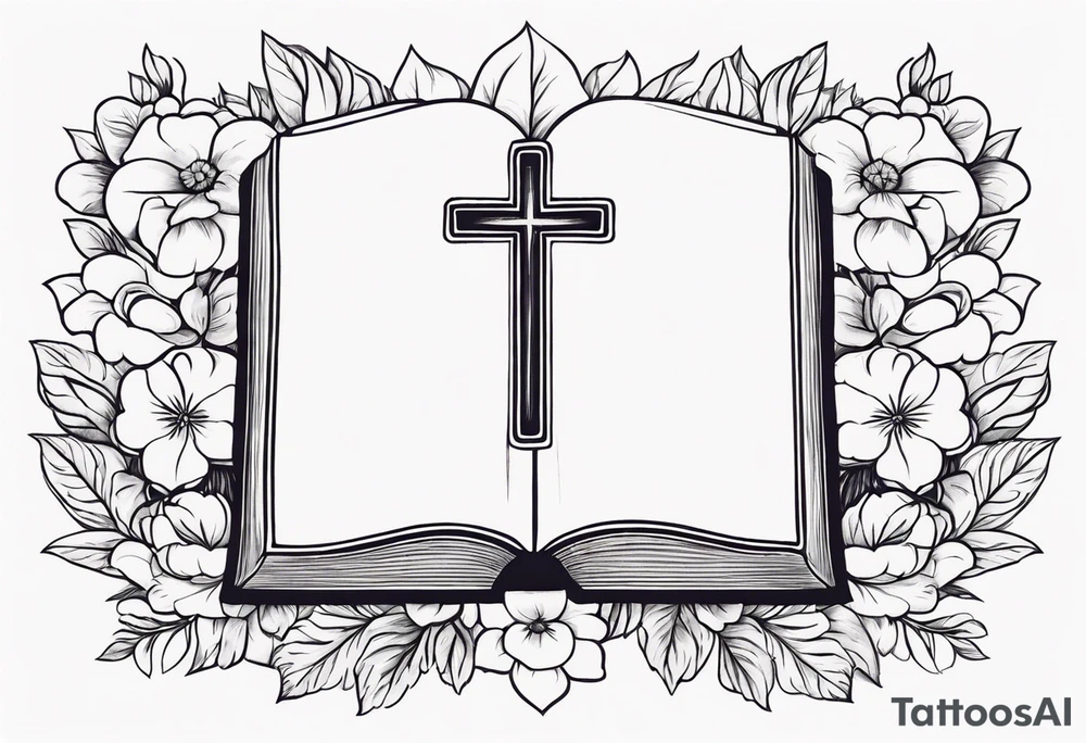 front of bible with cross on bible surrounded by flowers tattoo idea