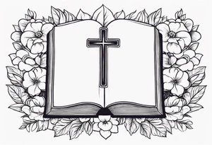 front of bible with cross on bible surrounded by flowers tattoo idea